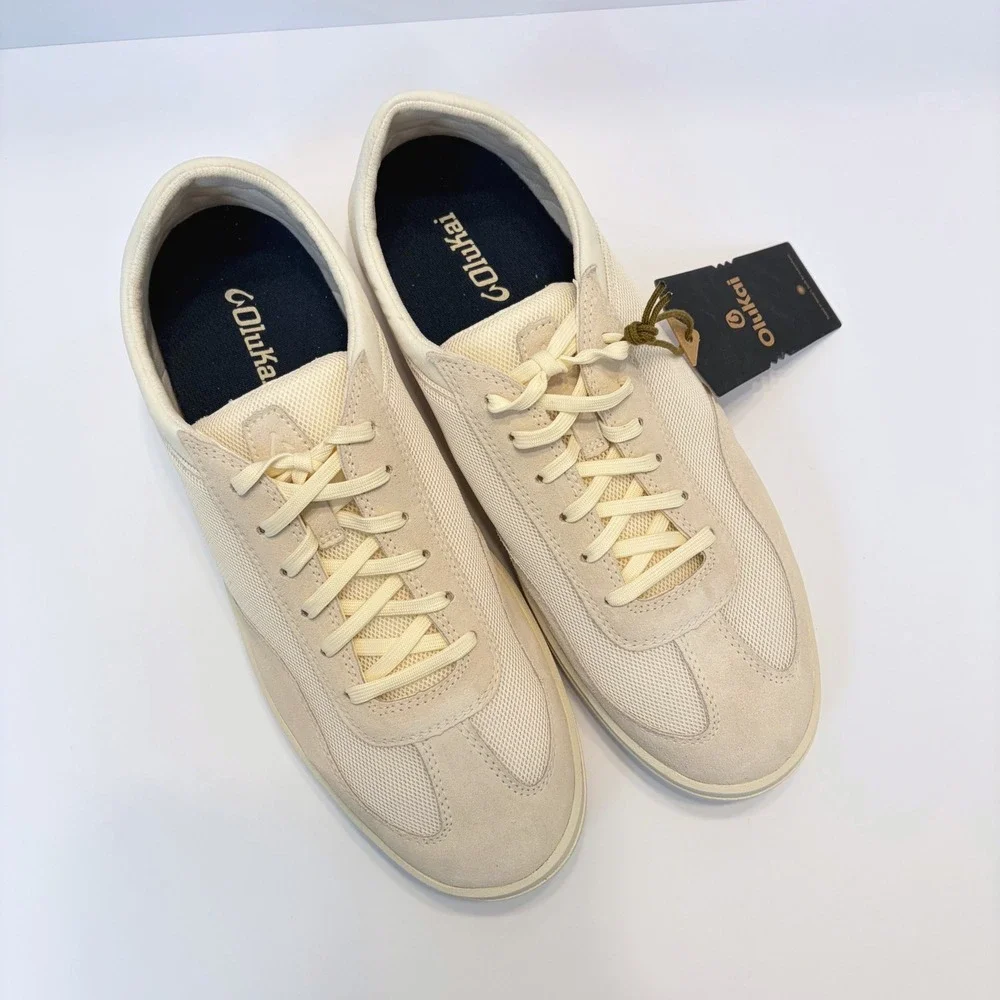 OluKai Punini Mens 11.5 White Sand Mesh Suede Sneakers NEW Drop In Heel Casual
